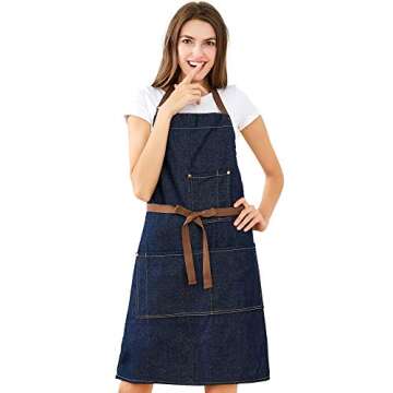 YukaBa Blue Adjustable Denim Jean Kitchen apron with 5 Pockets for Women Men Optimized upgrade(Denim) (Set of 1)