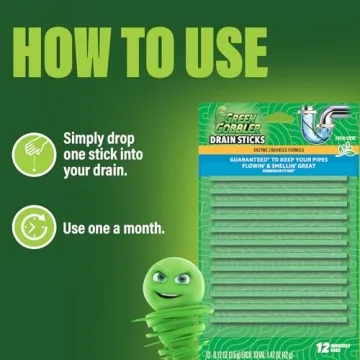 Green Gobbler Drain Cleaner and Deodorizer Sticks with Enzymes - Maintain a Clean Drain, Safe for Pipes and Septic Tanks, Use Monthly - 12 Pack