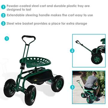 Sunnydaze Garden Cart Rolling Scooter with Extendable Steering Handle - Swivel Seat and Utility Bask...