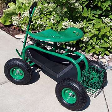 Sunnydaze Garden Cart Rolling Scooter with Extendable Steering Handle - Swivel Seat and Utility Basket - Green