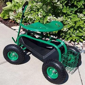 Sunnydaze Garden Cart Rolling Scooter with Extendable Steering Handle - Swivel Seat and Utility Basket - Green