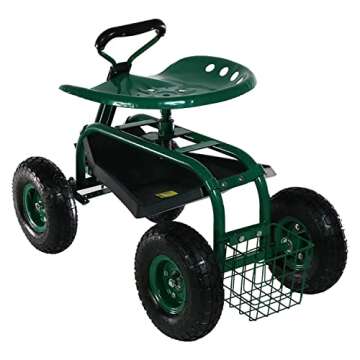 Sunnydaze Garden Cart Rolling Scooter with Extendable Steering Handle - Swivel Seat and Utility Basket - Green