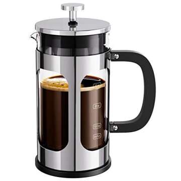 BAYKA French Press Coffee Maker, Large 304 Stainless Steel Coffee Press with 4 Filters, Cold Brew Heat Resistant Thickened Borosilicate Coffee Pot for Camping Travel Gifts, 34 Ounce, Chrome