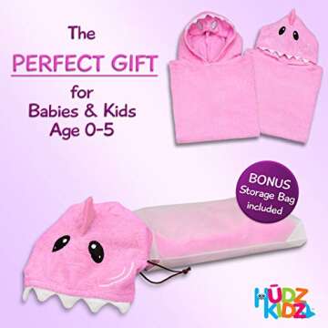 Hudz Kidz Premium Hooded Towel Poncho for Kids & Toddler - 100% Cotton (Pink Shark)