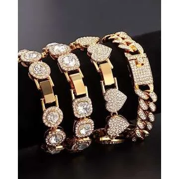 shopbyskyler 4PCS Gold Silver Bracelets for Women Diamond Cuban Bracelet Layered Link Bracelet Set Fashion Jewelry (Gold, 8inch)