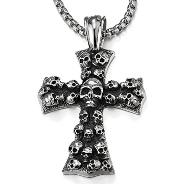 COOLSTEELANDBEYOND Gothic Skull & Cross Pendant Necklace - Vintage Steel 30" Chain
