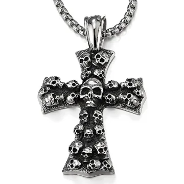 COOLSTEELANDBEYOND Gothic Skull & Cross Pendant Necklace - Vintage Steel 30" Chain