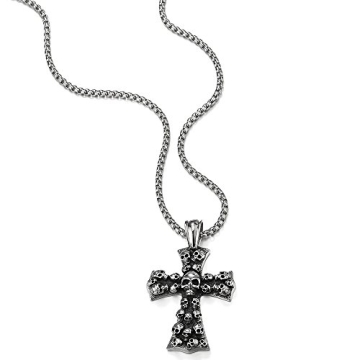 Gothic Skull Cross Pendant Necklace - Vintage Steel 30 Inch Chain