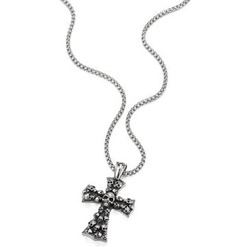 Gothic Skull Cross Pendant Necklace - Vintage Steel 30 Inch Chain