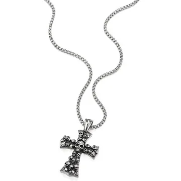 Gothic Skull Cross Pendant Necklace - Vintage Steel 30 Inch Chain