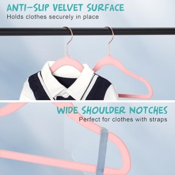 TIMMY Baby Velvet Hangers Non-Slip Baby Clothes Hangers, 11.8” Inch 50 Pack Space Saving Childrens Hangers -360° Swivel Rose Gold Hook, Strong & Durable Infant/Toddler Pink Hangers