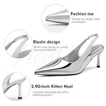 heelchic Kitten Pumps Heels for Women, Women's Low Heels Comfortable Slingback Dress Shoes Metallic Silver, 8
