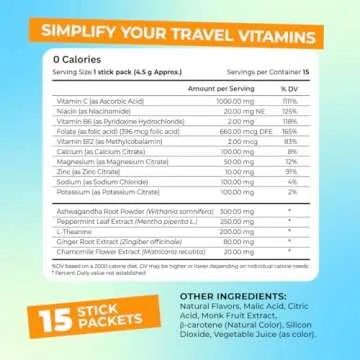 FlyWell Travel Vitamin Tonic for Flight, Jet Lag, Hydration, Circulation, Digestion & Immune Support, Promotes Calmness, Electrolyte Powder, Travel Essentials, Passion Fruit Tangerine, 15 Sticks