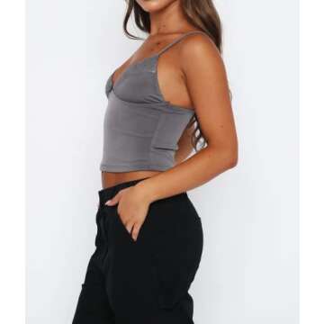 WPNAKS Women Y2k Cami Shirt Sexy Spaghetti Strap Crop Top Backless Going Out Camisole Vest Tank Tops, Lace Trim- Grey