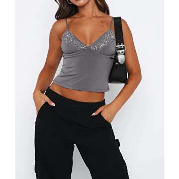 WPNAKS Women Y2k Cami Shirt Sexy Spaghetti Strap Crop Top Backless Going Out Camisole Vest Tank Tops, Lace Trim- Grey