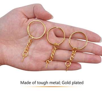 BronaGrand 50pcs 25mm Split Key Ring with Extend Chain and 12mm Screw Eye Pin for Craft Charm Making,Gold
