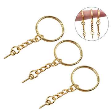 BronaGrand 50pcs 25mm Split Key Ring with Extend Chain and 12mm Screw Eye Pin for Craft Charm Making,Gold