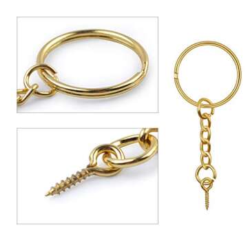 BronaGrand 50pcs 25mm Split Key Ring with Extend Chain and 12mm Screw Eye Pin for Craft Charm Making,Gold