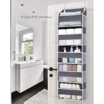 ULG 1 Pack Over Door Organizer with 5 Large Pockets 10 Mesh Side Pockets, 44 lbs Weight Capacity Hanging Storage Organizer with Clear Window Kids Toys, Shoes, Diapers, Dark Grey, 5 Layers