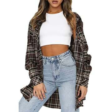 CHYRII Womens Button Down Flannel Shirts Long Sleeve Plaid Shacket Business Casual Blouse Topss Coffee-7111 L
