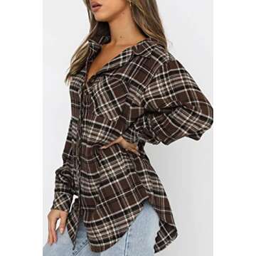 CHYRII Womens Button Down Flannel Shirts Long Sleeve Plaid Shacket Business Casual Blouse Topss Coffee-7111 L
