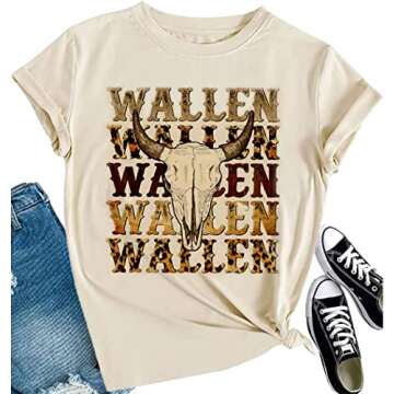 Retro Steer Skull Western T-Shirts Women Leopard Vintage Graphic Tees Country Concert Shirt Cowboy Short Sleeve Tops (Meduim, Apricot)