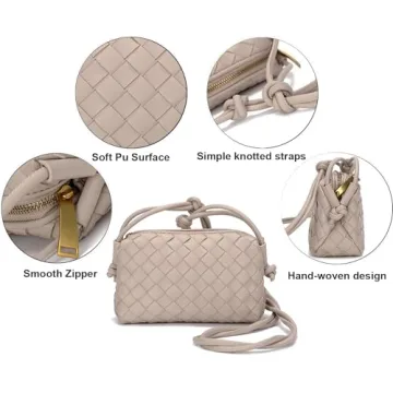 Woven Crossbody Bags for Women，Fashion Leather Lightweight Handbags Shoulder Bag Phone Wallet Purse Stylish Ladies Messenger Bags，Creamy White