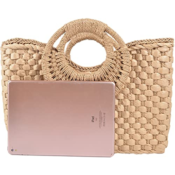 QZUnique Hand-woven Straw Bag Women Summer Beach Handbag Casual Satchel Retro Top Handle Tote Clutch