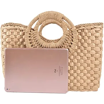 QZUnique Hand-woven Straw Bag Women Summer Beach Handbag Casual Satchel Retro Top Handle Tote Clutch