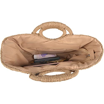 QZUnique Hand-woven Straw Bag Women Summer Beach Handbag Casual Satchel Retro Top Handle Tote Clutch