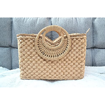 QZUnique Hand-woven Straw Bag Women Summer Beach Handbag Casual Satchel Retro Top Handle Tote Clutch