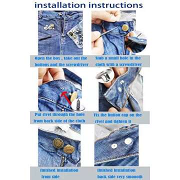 Jean Buttons No Sew 20 Sets Replacement Jean Buttons 17mm Combo Copper Tack Buttons Replacement Kit with Rivets and Metal Base in Plastic Storage Box (4 Styles)