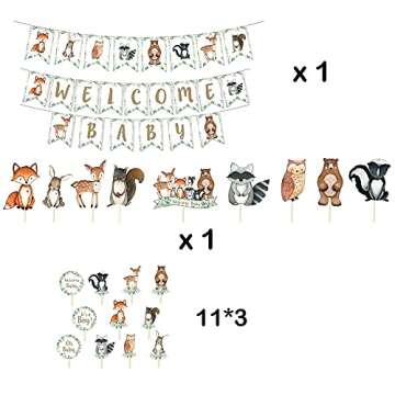 HEETON Woodland Baby Shower Party Supplies Decorations Fox Balloon Oh Baby Woodland Welcome Baby Banner Creatures Fawn Animal Friends Garland Backdrop Cake Cupcake Topper for Girl Boy Gender Reveal