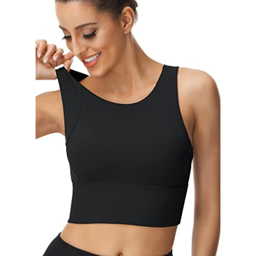 High Neck Sports Bra - Longline Full Coverage Sports Bras for Medium Impact Yoga Gym U-Black