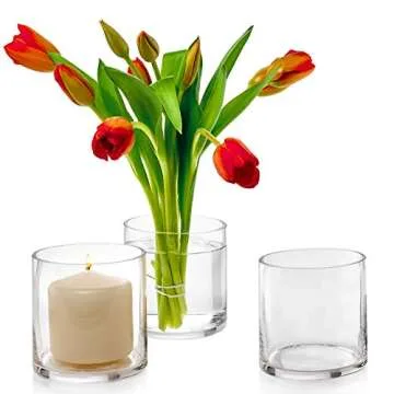 Set of 3 Glass Cylinder Vases 4 Inch Tall - Multi-use: Pillar Candle, Floating Candles Holders or Flower Vase – Perfect as a Wedding Centerpieces.