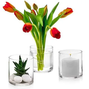 Set of 3 Glass Cylinder Vases 4 Inch Tall - Multi-use: Pillar Candle, Floating Candles Holders or Flower Vase – Perfect as a Wedding Centerpieces.