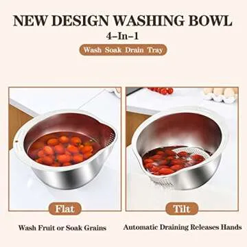 Rice Washer Strainer Bowl - 4-in-1 Washing Bowl for Quinoa, Stainless Steel Rinser With Side Drainers Small Colander for Cleaning Fruits, Vegetables, and Beans - Versatile Kitchen Tool
