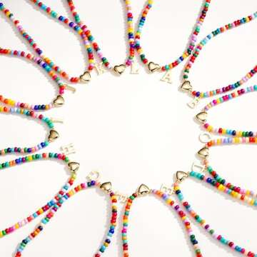 Initial Necklaces for Women Girls Teen Colorful Beaded Charm Letter Alphabet Choker Bohemian Gold Plated Pendant with Metal Y2K Boho Necklace valentines day gifts for her girlfriend wife(M)