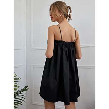 OYOANGLE Women's Spaghetti Straps Sleeveless Loose Ruffle A Line Cami Short Dress with Pocket Black M