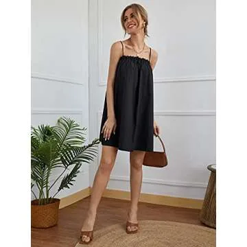 OYOANGLE Women's Spaghetti Straps Sleeveless Loose Ruffle A Line Cami Short Dress with Pocket Black M
