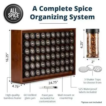 AllSpice Wood Spice Rack Organizer, 525 Unique Labels, Countertop or Wall Mount, Includes 60 4oz Jars- Walnut Stain