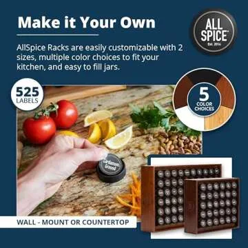 AllSpice Wood Spice Rack Organizer, 525 Unique Labels, Countertop or Wall Mount, Includes 60 4oz Jars- Walnut Stain
