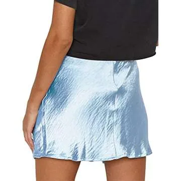 LYANER Women's Satin Lace Trim Split Slit Hem Zipper High Wasit Mini Short Skirt Sky Blue Large