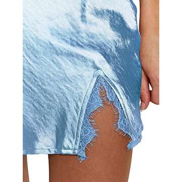 LYANER Women's Satin Lace Trim Split Slit Hem Zipper High Wasit Mini Short Skirt Sky Blue Large