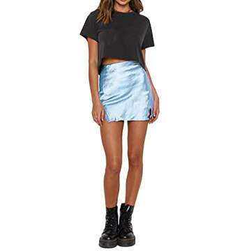 LYANER Women's Satin Lace Trim Split Slit Hem Zipper High Wasit Mini Short Skirt Sky Blue Large