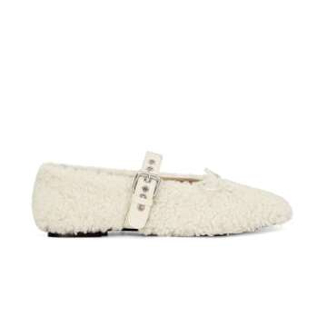 XBKXMK Fur Ballet Flats with Buckle for Women Mary Jane Flats Adjustable Strap Comfy Faux Shearling Flat Ballerina Flat Shoes Causal Daily Dress Shoes White