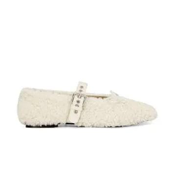 XBKXMK Fur Ballet Flats with Buckle for Women Mary Jane Flats Adjustable Strap Comfy Faux Shearling Flat Ballerina Flat Shoes Causal Daily Dress Shoes White