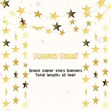 Spakon 65 Feet Glitter Star Paper Garland Banner Hanging Decoration Gold Star Streamers Double Side 2025 Graduation Decorations for Wedding Birthday Festival New Year Party Decoration