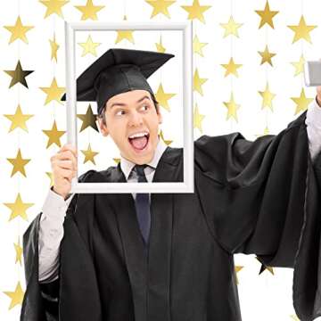 Spakon 65 Feet Glitter Star Paper Garland Banner Hanging Decoration Gold Star Streamers Double Side 2025 Graduation Decorations for Wedding Birthday Festival New Year Party Decoration