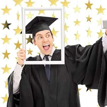 Spakon 65 Feet Glitter Star Paper Garland Banner Hanging Decoration Gold Star Streamers Double Side 2025 Graduation Decorations for Wedding Birthday Festival New Year Party Decoration